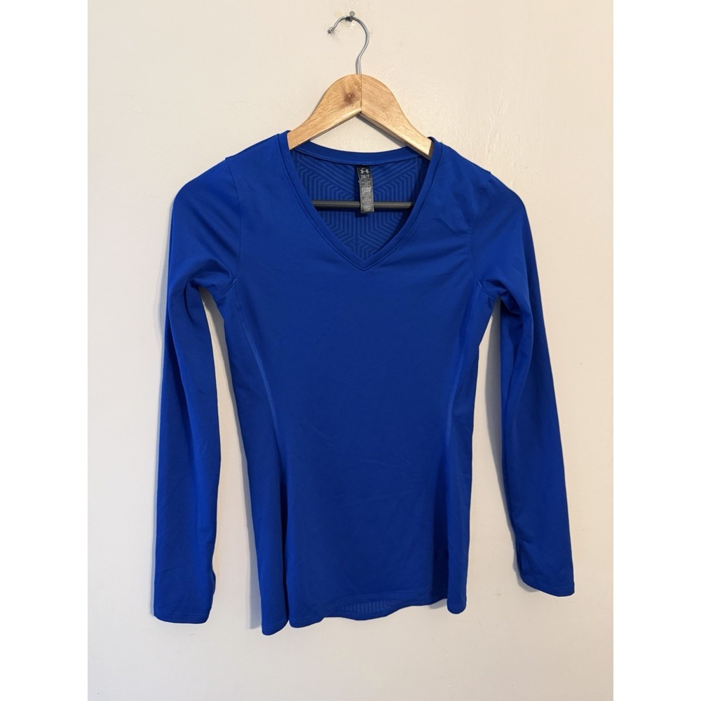 Under Armour Women's Blue V-Neck Fitted Cold Gear Long Sleeve Thumb Holes Small